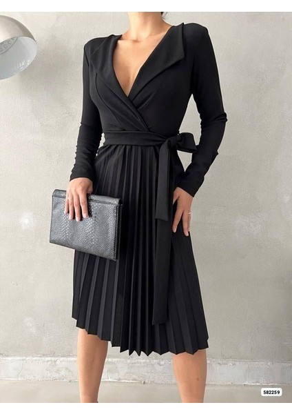 Uzun Kollu Krep Kumaş Pliseli Kemerli Elbise Siyah 582259 modelleri