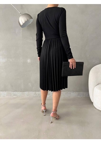 Uzun Kollu Krep Kumaş Pliseli Kemerli Elbise Siyah 582259 indirimleri