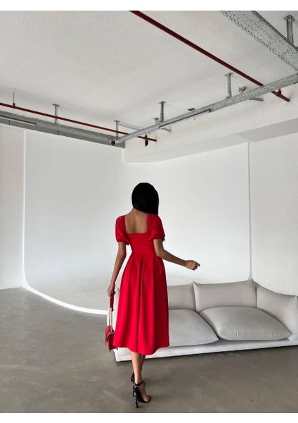 Kare Yaka Balon Kol Kloş Elbise Kırmızı 582613 fırsatları