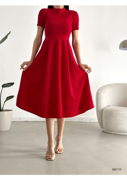 Kısa Kollu Cepli Uzun Krep Kumaş Elbise Kırmızı 582110