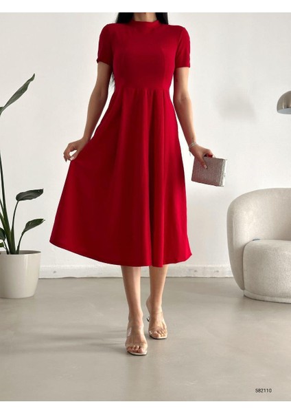 Kısa Kollu Cepli Uzun Krep Kumaş Elbise Kırmızı 582110 fiyatları