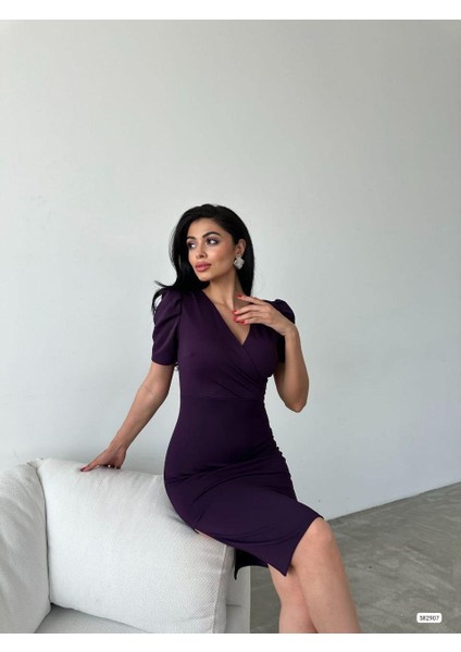 Kruvaze Yaka Yandan Yırtmaçlı Elbise 582907 Mor fiyatları