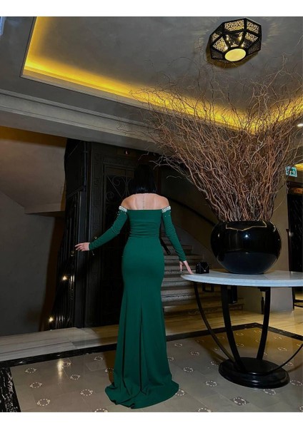 Düşük Omuz Taş Detaylı Balık Abiye Elbise 583101 Zumrut fiyatları