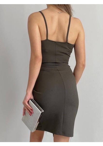 Yırtmaç Detaylı Simli V Yaka Askılı Mini Elbise 581814 Haki fırsatları