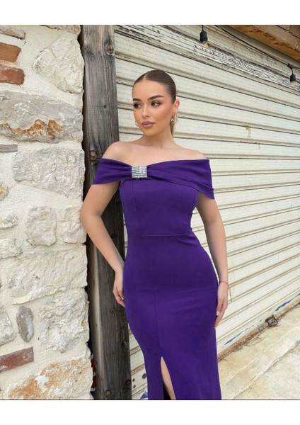 Straplez Yaka Taş Detaylı Yırtmaçlı Elbise Mor 583211 fiyatları