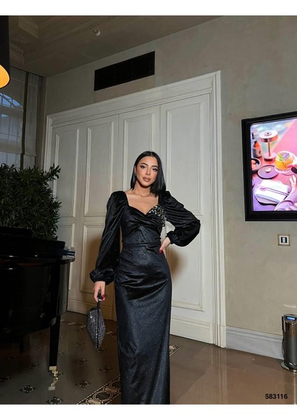 Tek Göğüs Taşlı Simli Kadife Abiye Elbise Siyah 583116