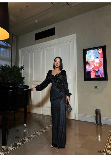 Tek Göğüs Taşlı Simli Kadife Abiye Elbise Siyah 583116 fiyatları