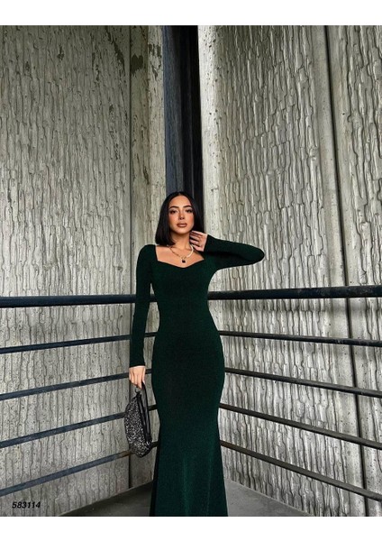 Kalp Yaka Balık Model Flowers Kumaş Abiye Elbise Zümrüt 583114