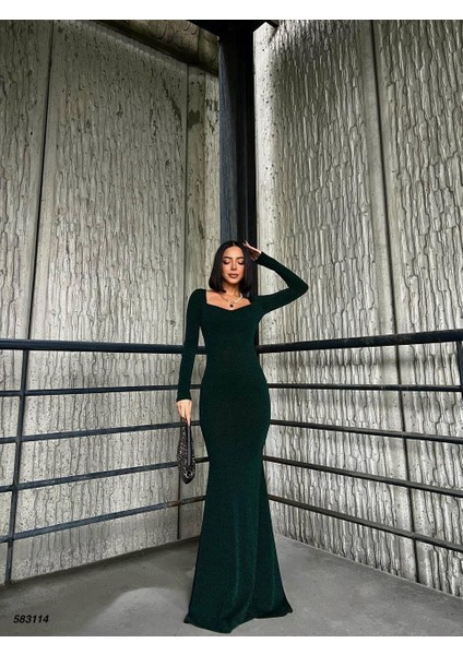 Kalp Yaka Balık Model Flowers Kumaş Abiye Elbise Zümrüt 583114 fırsatları