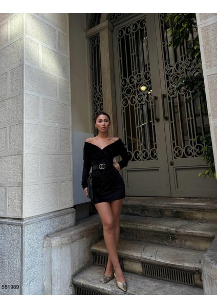 Kadife Esnek Kumaş Ön Pile Detaylı Kemerli Abiye Elbise 581989 Siyah