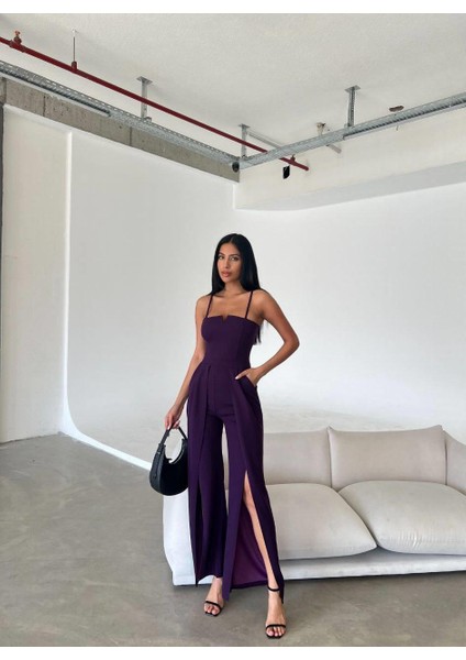 Krep Kumaş Askılı Yaka ve Yırtmaç Detaylı Tulum 582232 Mor