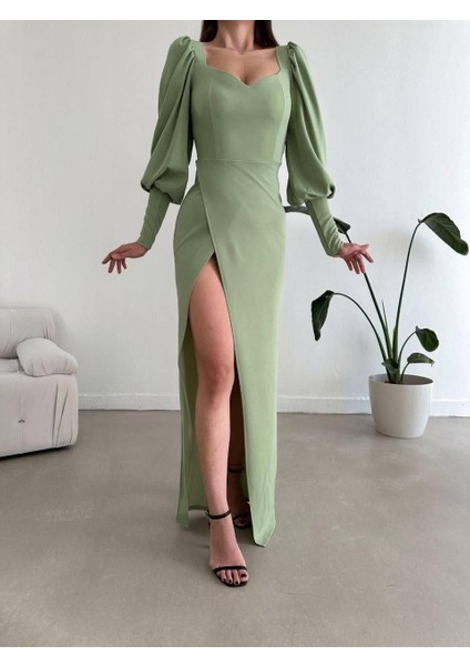 Balon Kol Yırtmaç Detay Krep Esnek Kumaş Uzun Abiye Elbise Mint 581913