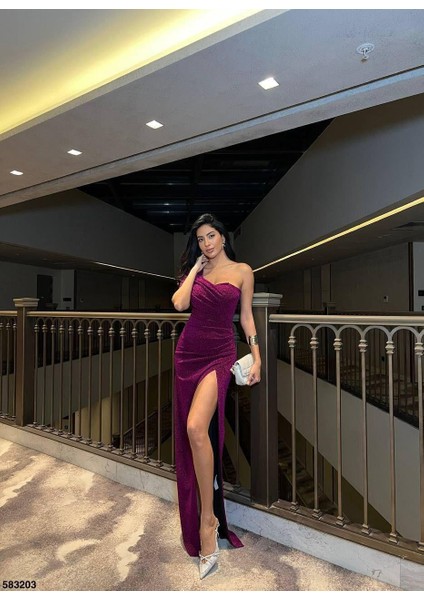 Tek Omuz Yırtmaçlı Flowers Kumaş Elbise Mor 583203