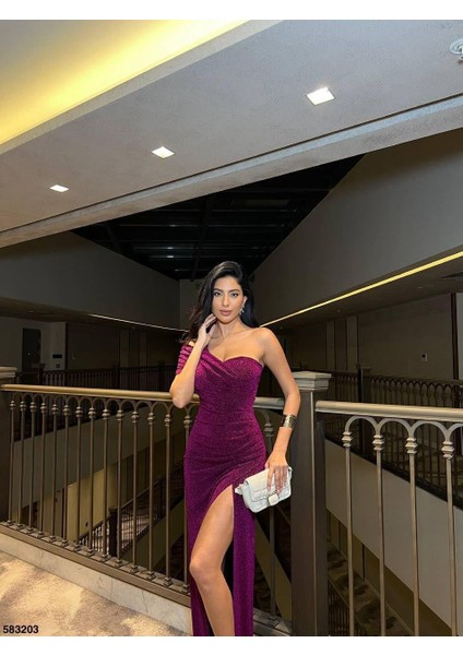 Tek Omuz Yırtmaçlı Flowers Kumaş Elbise Mor 583203 modelleri