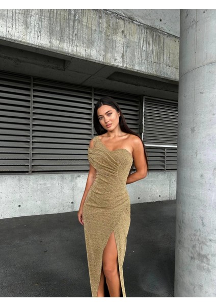 Tek Omuz Yırtmaçlı Flowers Kumaş Elbise Gold 583203 fiyatları