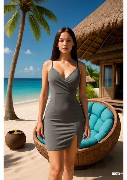 Askılı Yırtmaç Detaylı Mini Elbise 581816 Gri