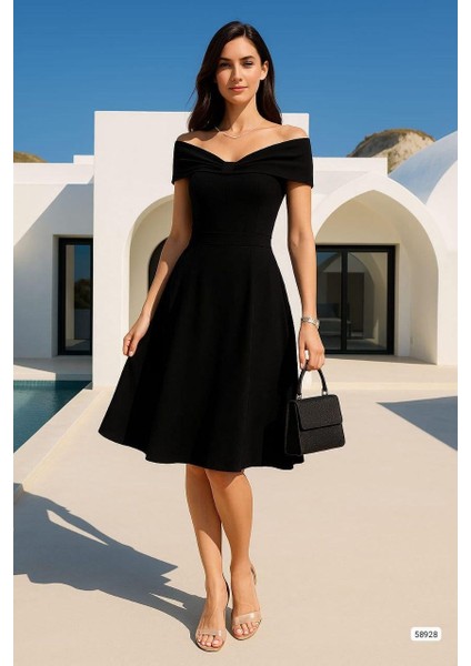 Madonna Yaka Krep Kumaş Kloş Elbise 58928 Siyah