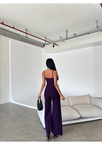 Krep Kumaş Askılı Yaka ve Yırtmaç Detaylı Tulum 582232 Mor modelleri