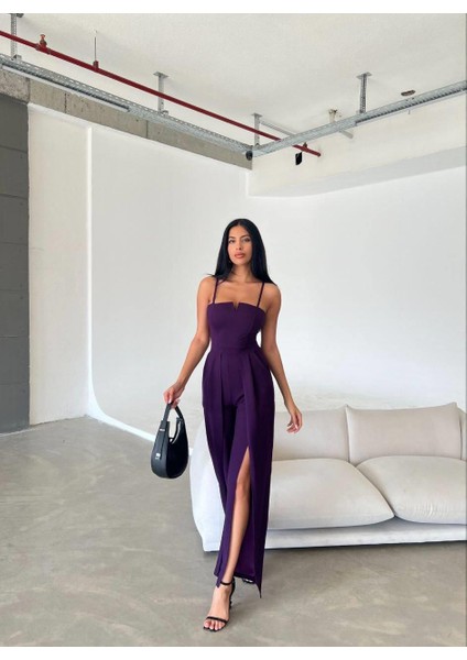 Krep Kumaş Askılı Yaka ve Yırtmaç Detaylı Tulum 582232 Mor fırsatları