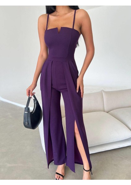 Krep Kumaş Askılı Yaka ve Yırtmaç Detaylı Tulum 582232 Mor indirimleri