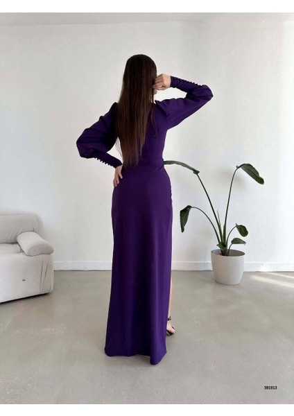 Balon Kol Yırtmaç Detay Krep Esnek Kumaş Uzun Abiye Elbise Mor 581913 modelleri