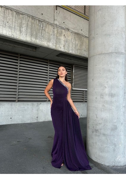 Flowers Inci Detaylı Tek Omuz Abiye Elbise 583313 Mor