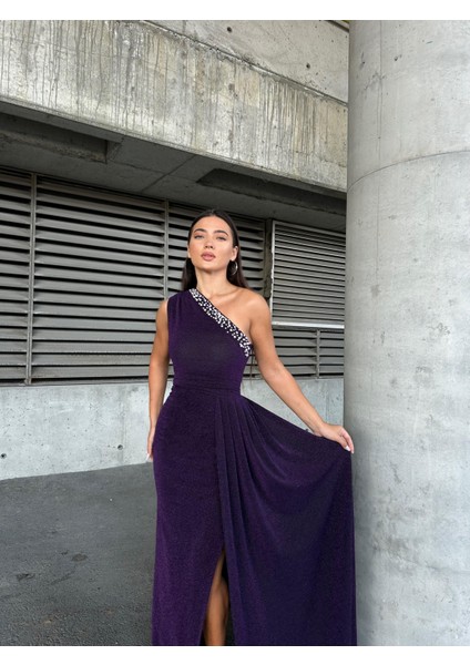 Flowers Inci Detaylı Tek Omuz Abiye Elbise 583313 Mor fiyatları