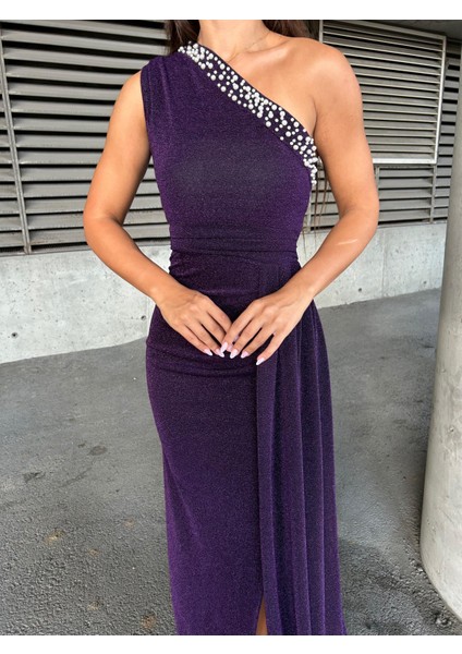 Flowers Inci Detaylı Tek Omuz Abiye Elbise 583313 Mor modelleri