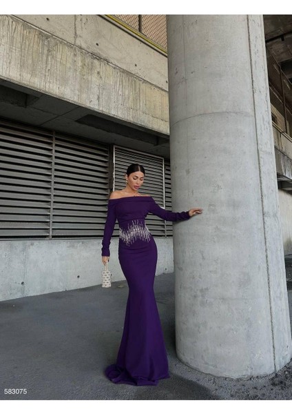 Krep Taşlı Uzun Degaje Yaka Mor Elbise 583075