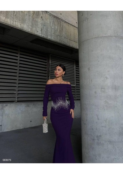 Krep Taşlı Uzun Degaje Yaka Mor Elbise 583075 fiyatları