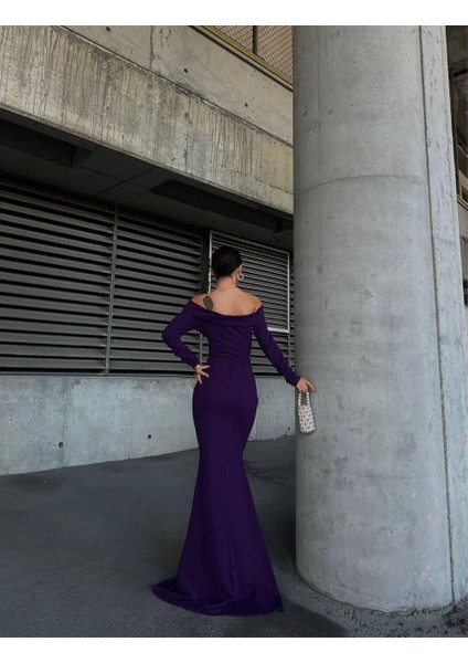 Krep Taşlı Uzun Degaje Yaka Mor Elbise 583075 modelleri