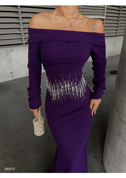 Krep Taşlı Uzun Degaje Yaka Mor Elbise 583075 fırsatları