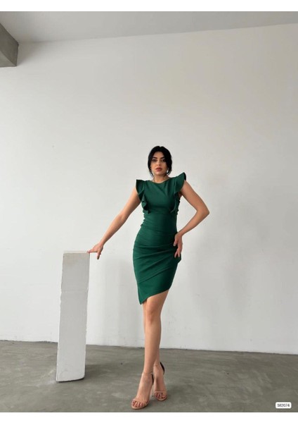 Fırfırlı Sırt Bağlamalı Krep Elbise 582074 Zumrut