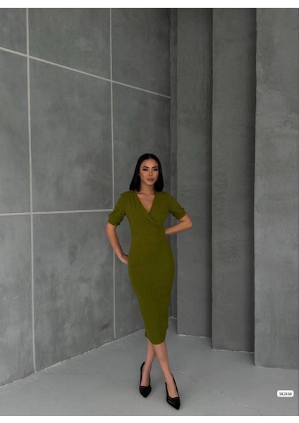 Kruvaze Yaka Kısa Kol Kalem Elbise Fıstık Yeşili 582868