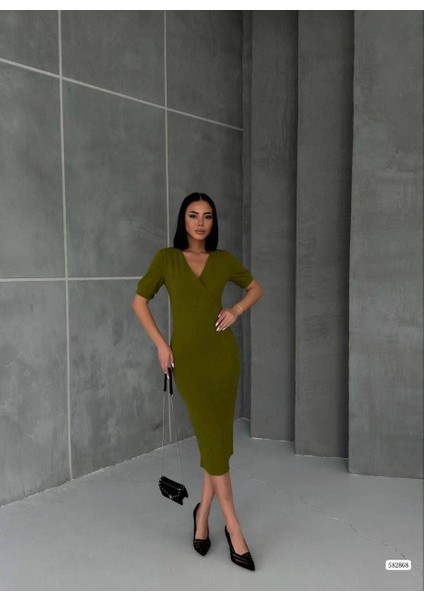 Kruvaze Yaka Kısa Kol Kalem Elbise Fıstık Yeşili 582868 fiyatları