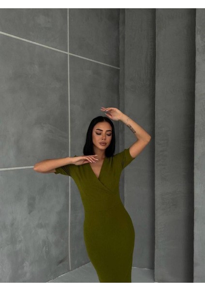 Kruvaze Yaka Kısa Kol Kalem Elbise Fıstık Yeşili 582868 modelleri