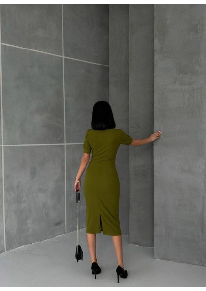 Kruvaze Yaka Kısa Kol Kalem Elbise Fıstık Yeşili 582868 fırsatları