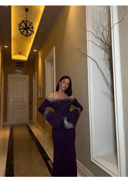 Scuba Ispanyol Kol Taş Detay Abiye Elbise 583128 Mor fiyatları