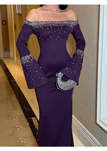 Scuba Ispanyol Kol Taş Detay Abiye Elbise 583128 Mor modelleri