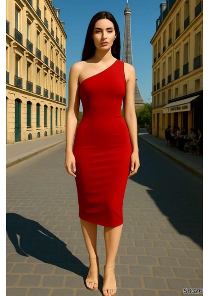 Tek Omuz Tasarım Sandy Kumaş Elbise Kırmızı 583260