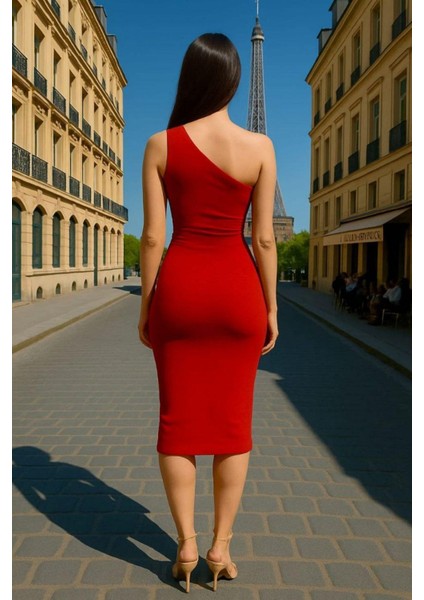 Tek Omuz Tasarım Sandy Kumaş Elbise Kırmızı 583260 fiyatları
