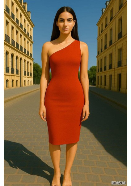 Tek Omuz Tasarım Sandy Kumaş Elbise Kiremit 583260
