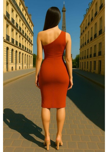 Tek Omuz Tasarım Sandy Kumaş Elbise Kiremit 583260 fiyatları