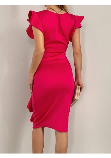 Scuba Kumaş Kol Volan Detay Elbise Fuşya 581810 fırsatları