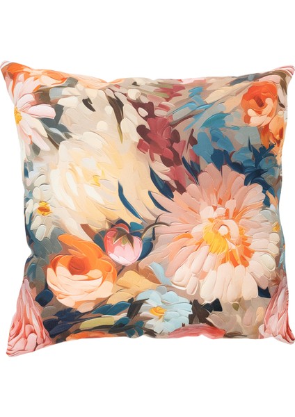 İçi Dolu Krep Örgü Üzerine Dijital Baskılı Kırlent 45x43 cm | Pembe Ağırlıklı Çiçekli Dekoratif Yastık