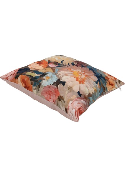 İçi Dolu Krep Örgü Üzerine Dijital Baskılı Kırlent 45x43 cm | Pembe Ağırlıklı Çiçekli Dekoratif Yastık fiyatları