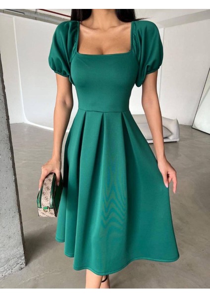 Kare Yaka Balon Kol Kloş Elbise Zümrüt 582613 modelleri