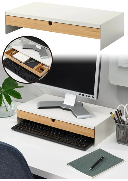 Monitör Yükseltici Stand Çekmeceli Organizerli Monitör Sehpası Metal Bambu BE001