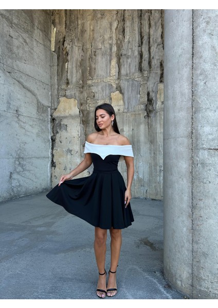 Esnek Krep Kumaş V Yaka Pile Detaylı Mini Abiye Elbise 583287 Siyah