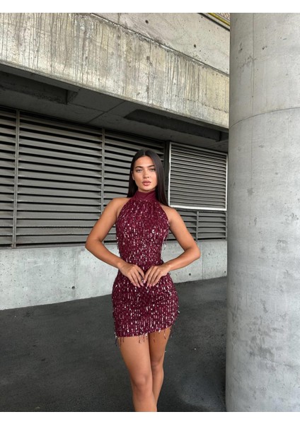 Işıltılı Payetli Halter Yaka Sırt Dekolteli Mini Gece Elbisesi 583229 Bordo fiyatları